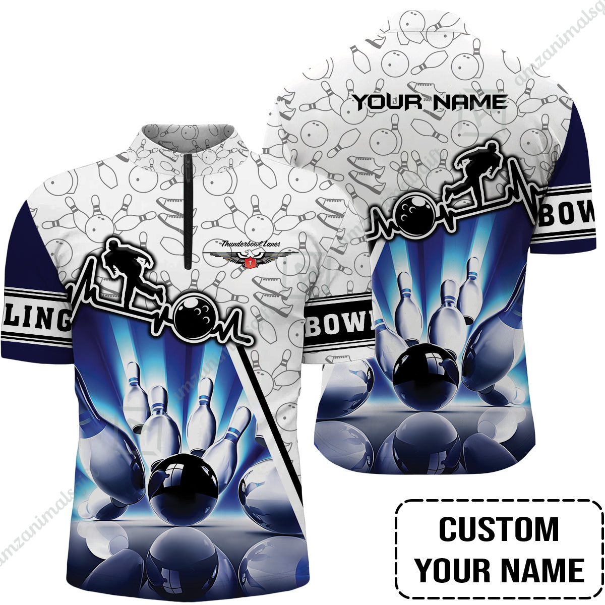 Customized Name Bowling Jersey, Personalized Unique Design Blue Heartbeat Bowling Jersey