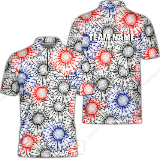 Custom Sunflower Bowling Team Jersey, Sunflower Bowling Polo Quarter-Zip Shirts, Bowling Uniforms Jerseys, Custom Name And Team Name
