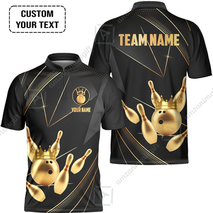 Custom Bowling Jerseys Shirts Women Quarter-Zip Polo,  Bowling Ball & Pins Premium Crown Customized Name And Team Name, custom bowling uniforms