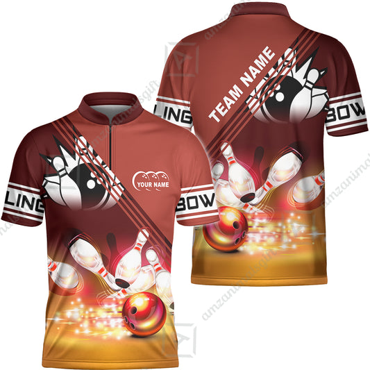 Customized Bowling Jersey Shirt, Red Bowling Ball Crashing into the Pins Personalized Name Team Name Logo Polo Shirts for Tom Taylor