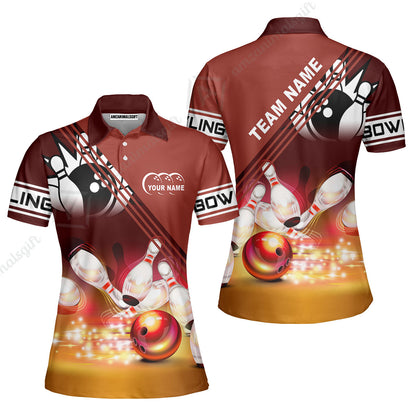 Customized Bowling Jersey Shirt, Red Bowling Ball Crashing into the Pins Personalized Name Team Name Logo Polo Shirts for Tom Taylor