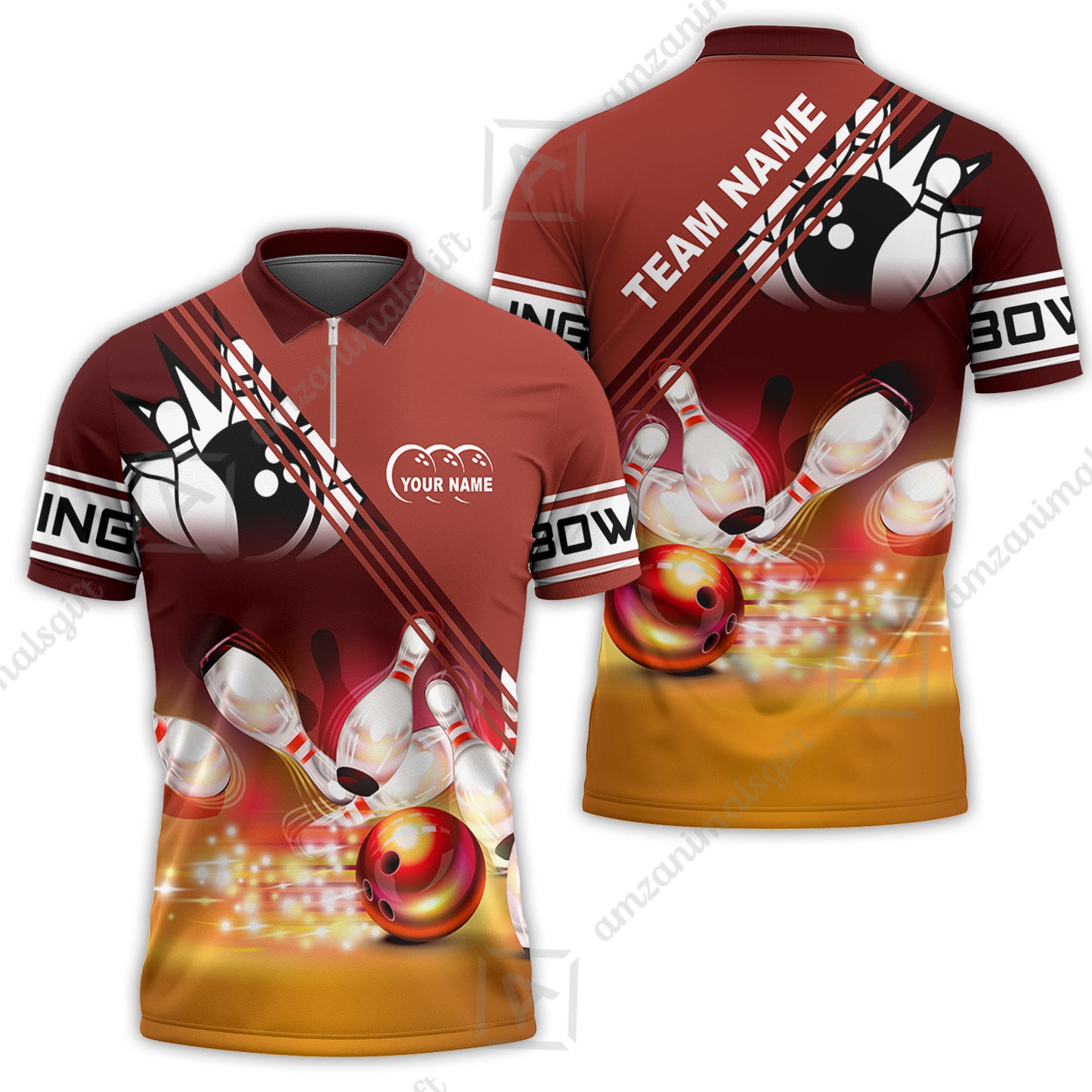 Customized Bowling Jersey Shirt, Red Bowling Ball Crashing into the Pins Personalized Name Team Name Logo Polo Shirts for Tom Taylor