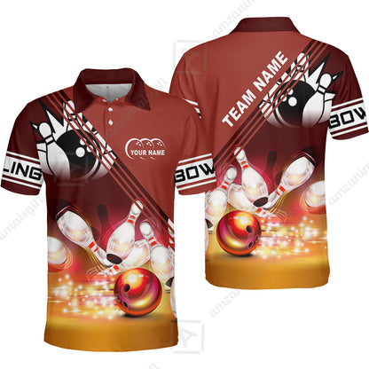 Customized Bowling Jersey Shirt, Red Bowling Ball Crashing into the Pins Personalized Name Team Name Logo Polo Shirts for Tom Taylor