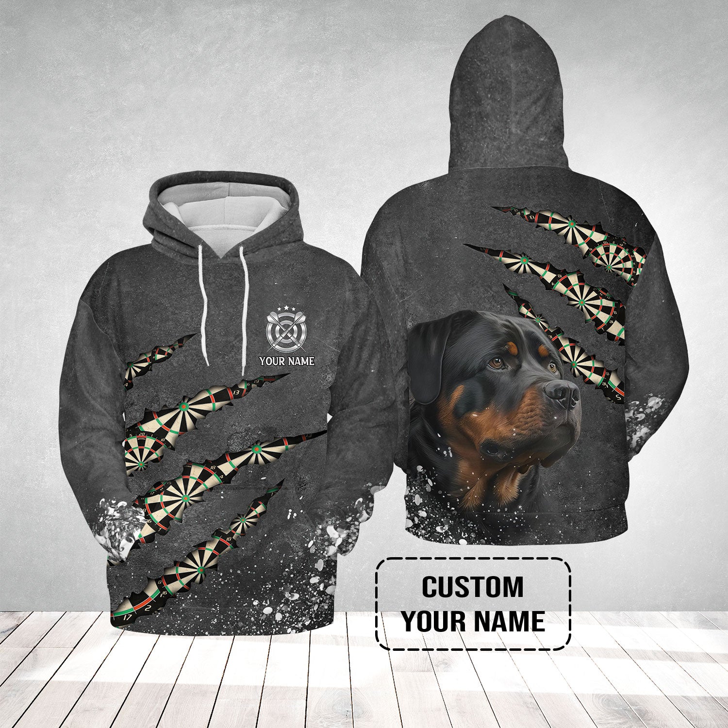 Rottweiler And Darts Custom Name Hoodie, Darts Paint Splash Personalized Hoodie - Gift For Darts Lover, Team, Dog Lover