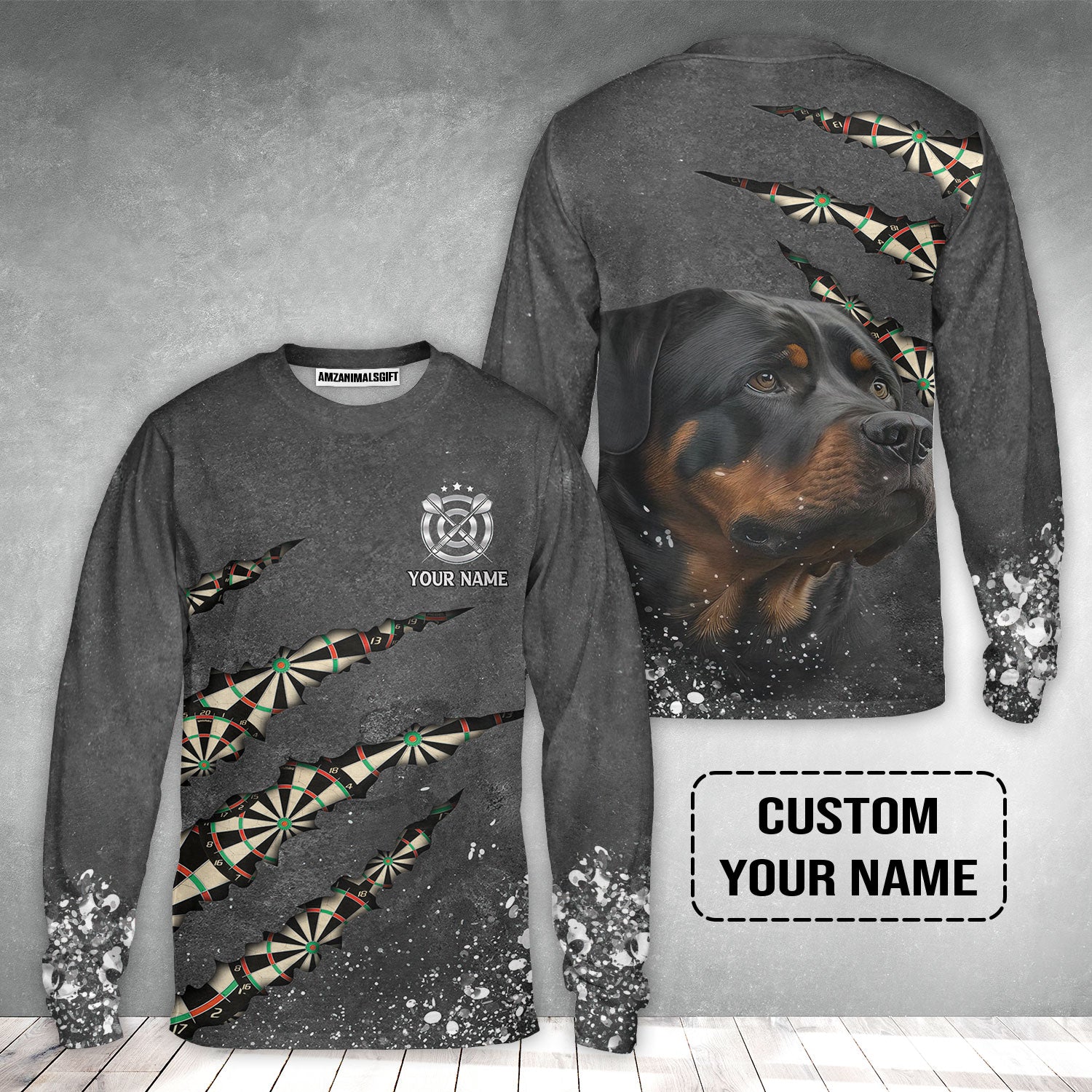 Rottweiler And Darts Custom Name Long Sleeve Shirt, Darts Paint Splash Personalized Long Sleeve Shirt Gift For Darts Lover, Team, Dog Lover