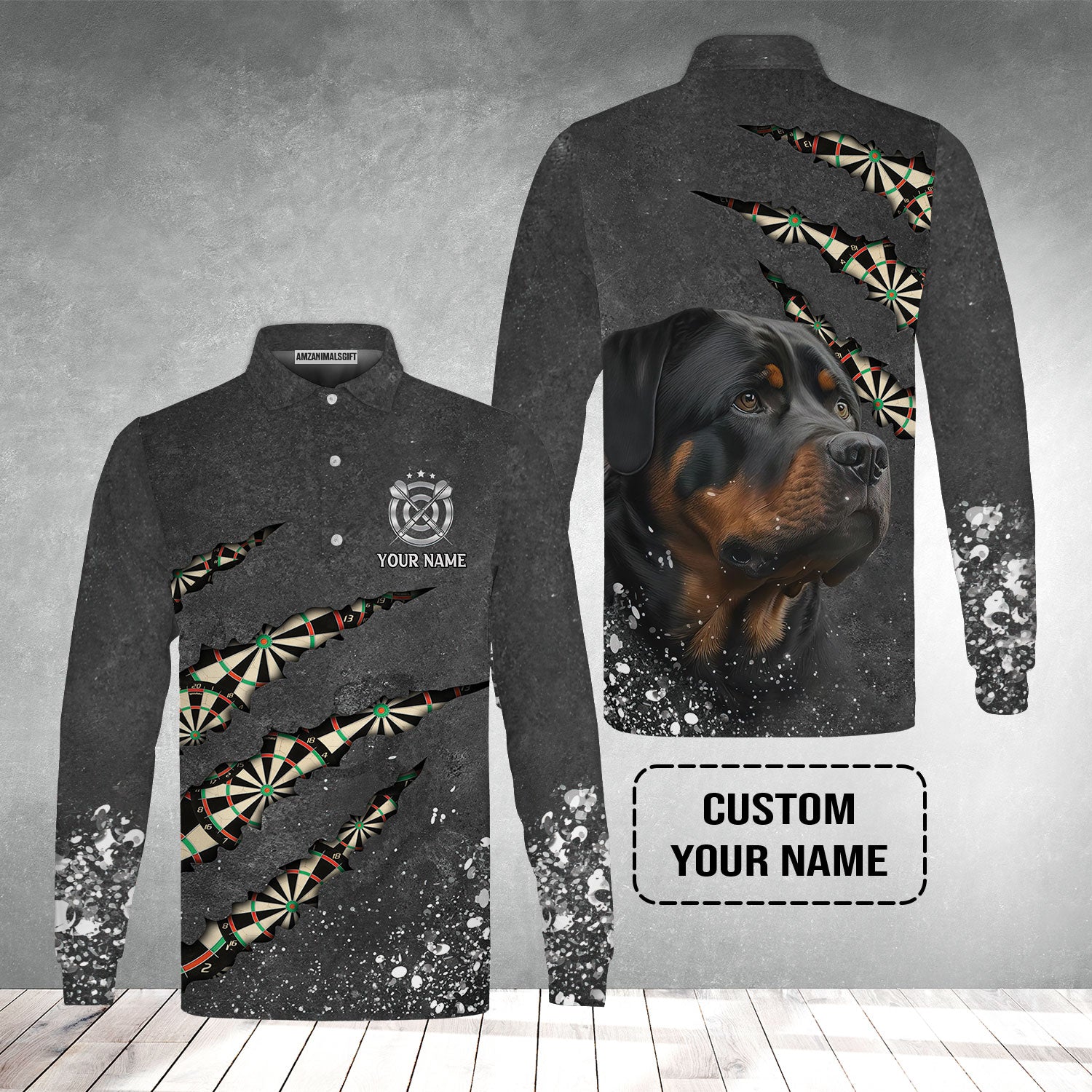 Rottweiler And Darts Custom Name Men's Long Sleeve Polo Shirt, Darts Paint Splash Personalized Men Polo Shirt Gift For Darts Lover, Team, Dog Lover