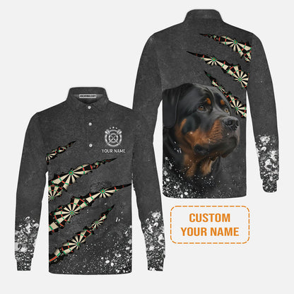 Rottweiler And Darts Custom Name Men Polo Shirt, Darts Paint Splash Personalized Men Polo Shirt Gift For Darts Lover, Team, Friend, Dog Lover