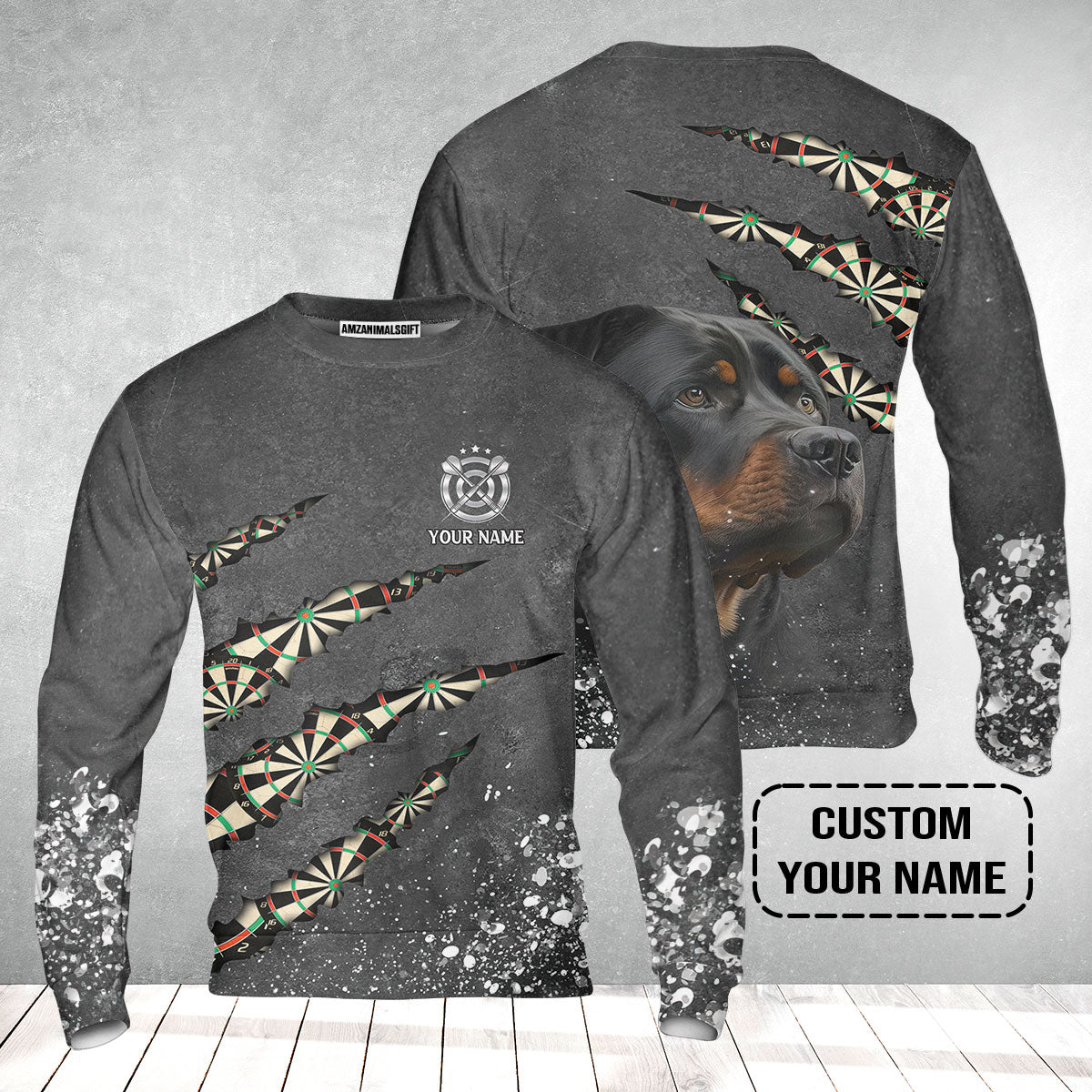 Rottweiler And Darts Custom Name Sweatshirt, Darts Paint Splash Personalized Sweatshirt - Gift For Darts Lover, Team, Dog Lover