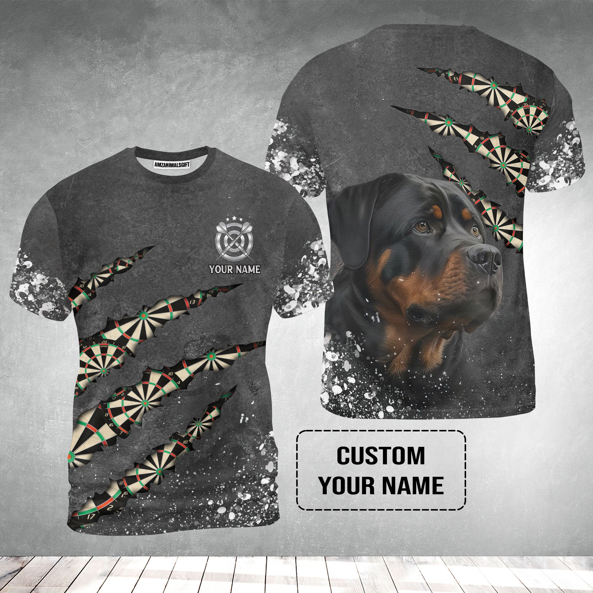 Rottweiler And Darts Custom Name T-Shirt, Darts Paint Splash Personalized T-Shirt Gift For Darts Lover, Team, Dog Lover