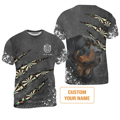 Rottweiler And Darts Custom Name Men's Long Sleeve Polo Shirt, Darts Paint Splash Personalized Men Polo Shirt Gift For Darts Lover, Team, Dog Lover