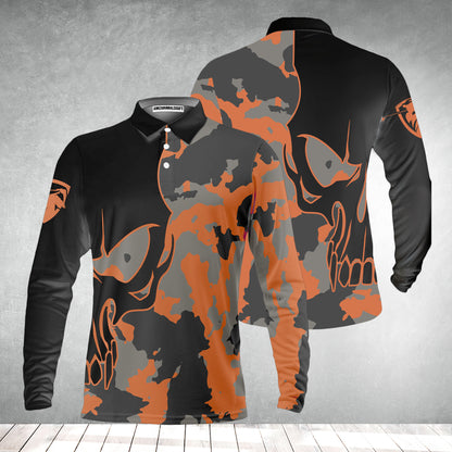 Golf Men Polo Shirt - Skull Orange Camouflage Golf Polo Shirt, Streetwear Camo Golf Shirt For Men, Best Polo Shirt For Men, Golfers