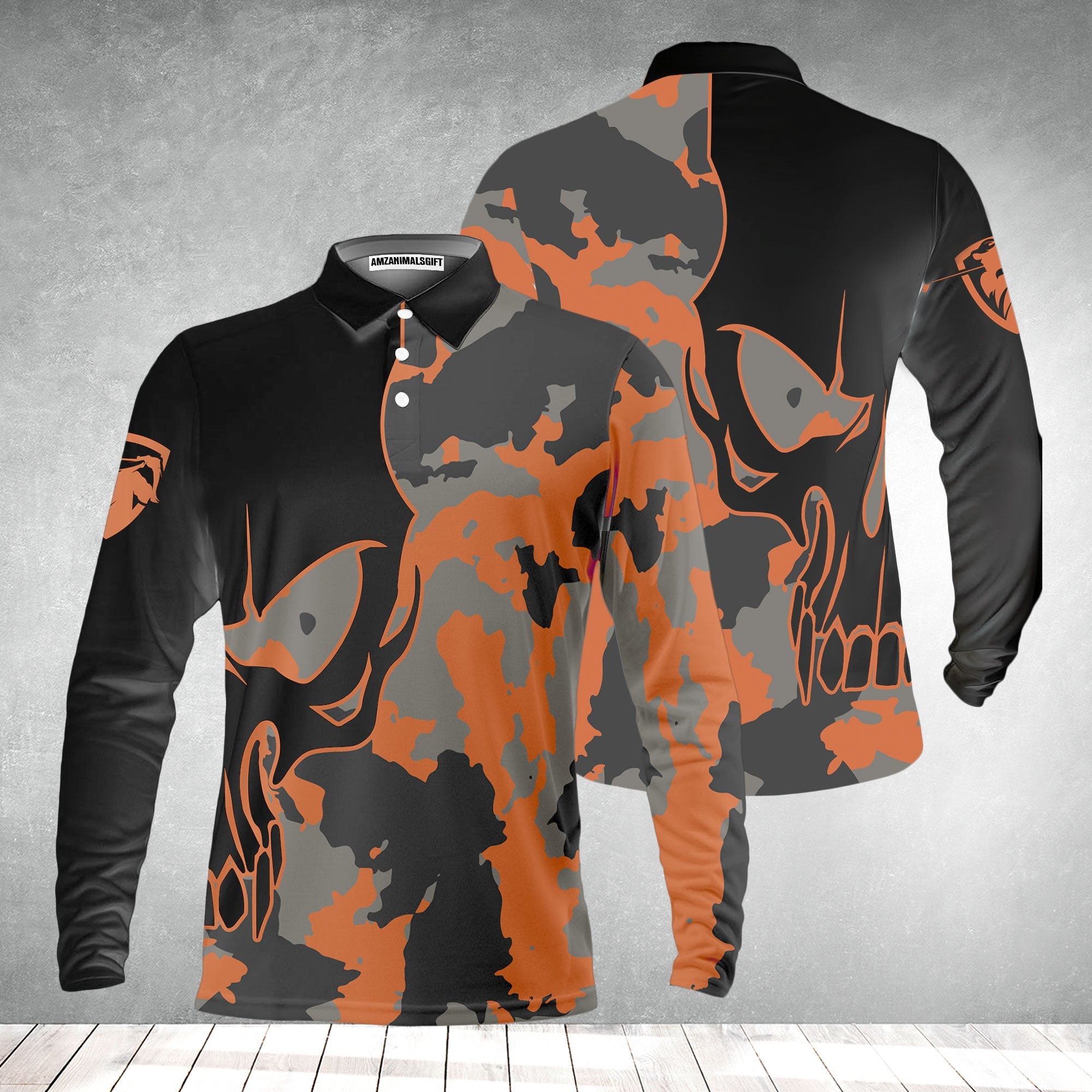 Golf Men's Long Sleeve Polo Shirt - Skull Orange Camouflage Golf Long Sleeve Polo Shirt, Streetwear Camo Golf Shirt For Men