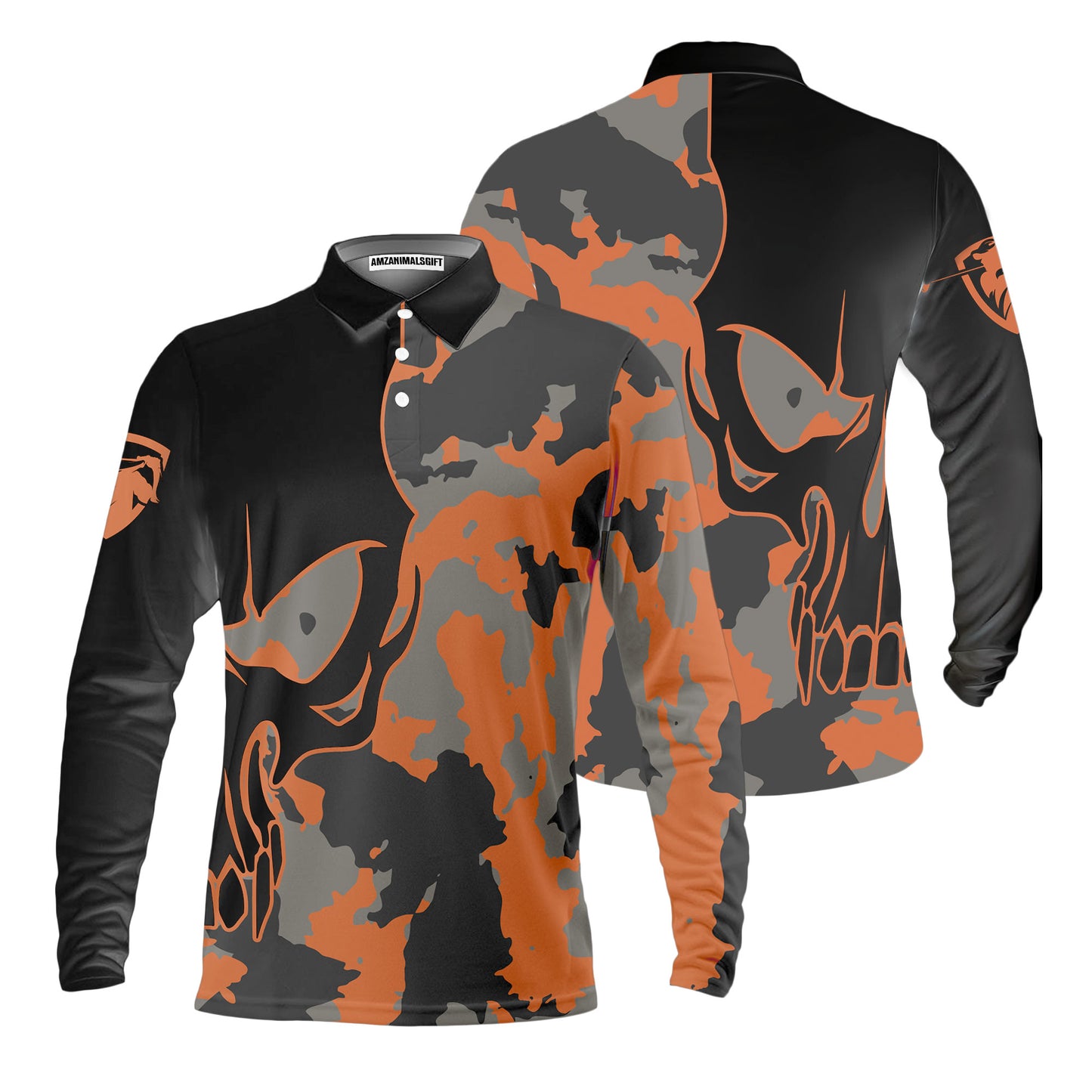 Golf Men Polo Shirt - Skull Orange Camouflage Golf Polo Shirt, Streetwear Camo Golf Shirt For Men, Best Polo Shirt For Men, Golfers