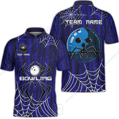 Custom Spider Blue Camo Bowling Team Jersey Polo Shirts, Halloween Bowling Team Uniforms Jerseys, Personalized Name And Team Name