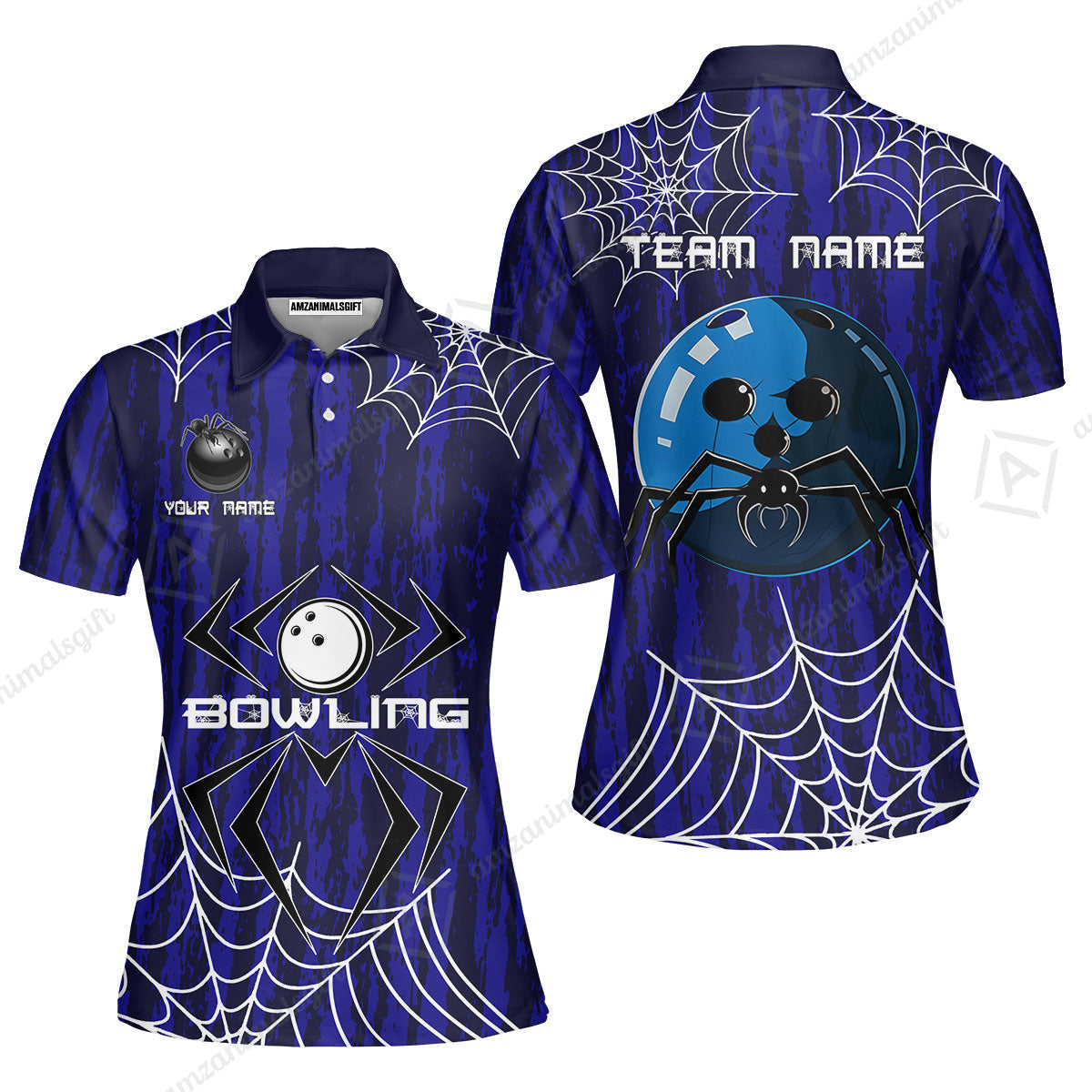 Custom Spider Blue Camo Bowling Team Jersey Polo Shirts, Halloween Bowling Team Uniforms Jerseys, Personalized Name And Team Name
