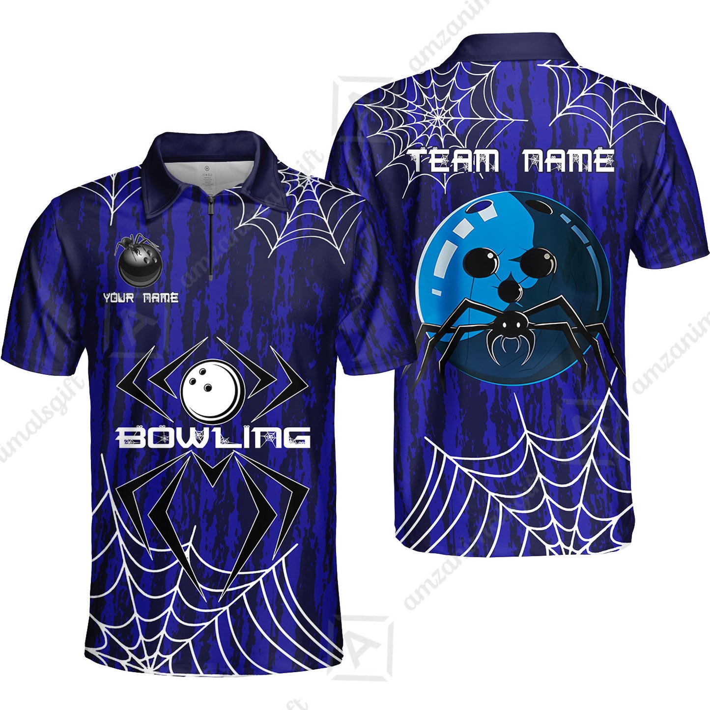 Custom Spider Blue Camo Bowling Team Jersey Polo Shirts, Halloween Bowling Team Uniforms Jerseys, Personalized Name And Team Name
