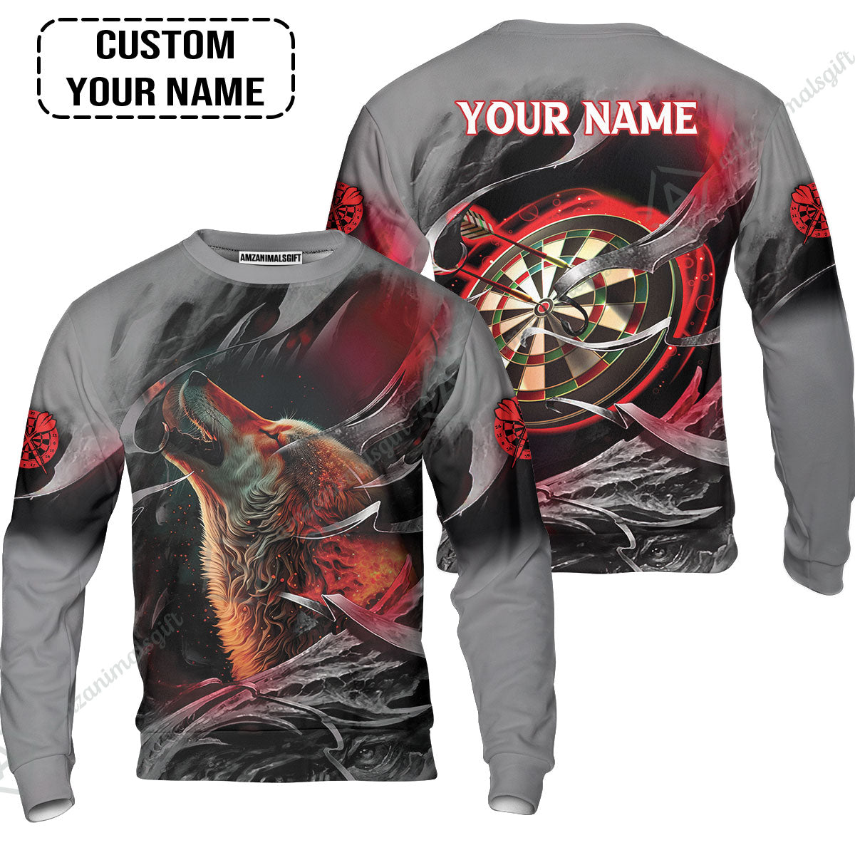 Customized Name Darts Sweatshirt, Bullseye Dartboard Personalized Flame Wolf And Darts Sweatshirt