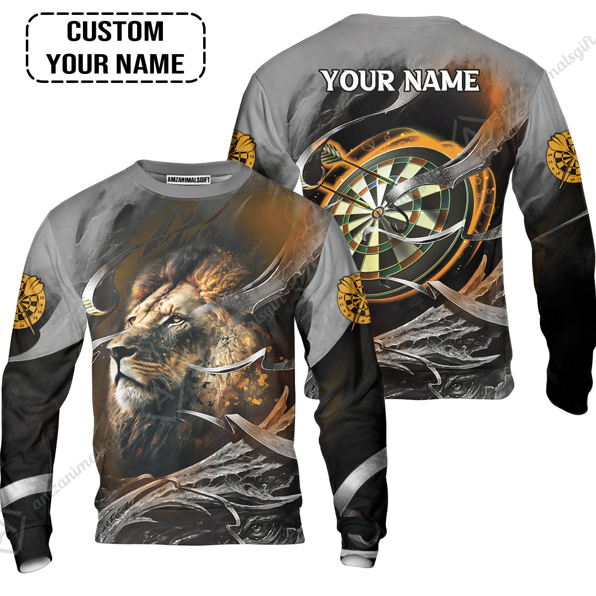Customized Name Darts Sweatshirt, Bullseye Dartboard Personalized Lion And Darts Sweatshirt