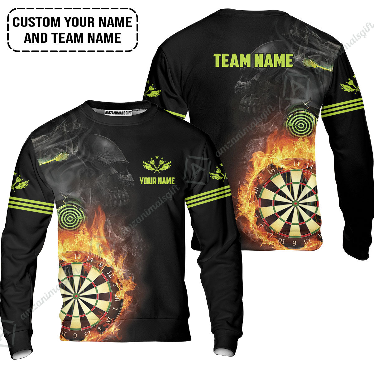 Customized Name & Team Darts Sweatshirt, Skull Darts Flame Personalized Darts Sweatshirt