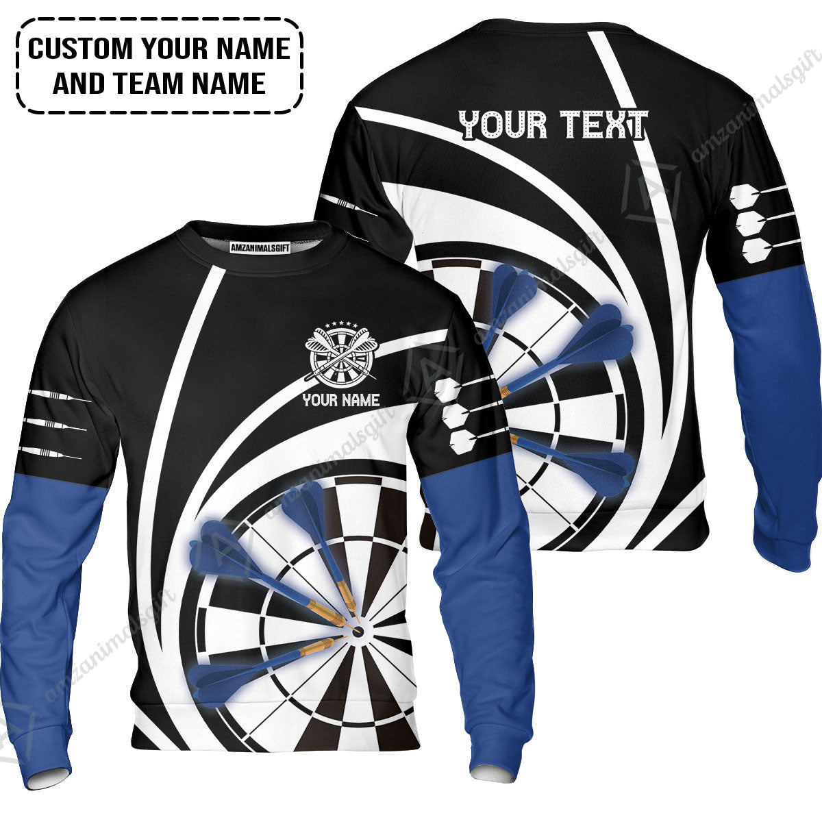 Customized Name & Text Darts Sweatshirt, Personalized Name Blue Dark Darts Team Sweatshirt