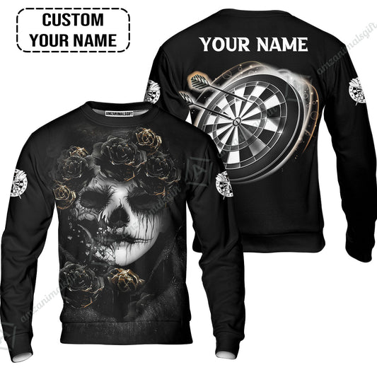 Customized Name Darts Sweatshirt, Flower Skull Girl And Dartboard Personalized Sweatshirt