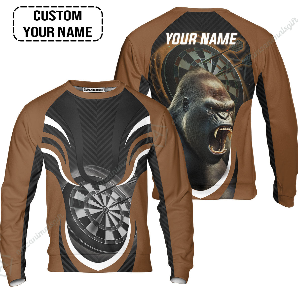 Gorilla And Darts Custom Name Sweatshirt, Bullseye Dartboard Brown Personalized Sweatshirt