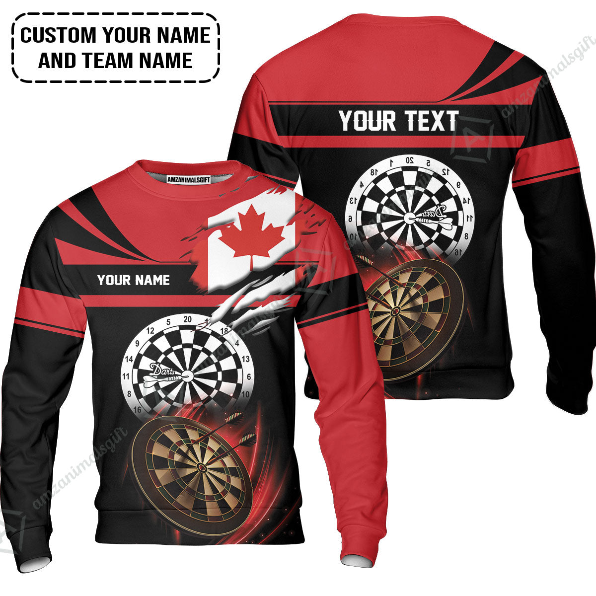 Customized Name & Text Darts Sweatshirt, Canada Flag Personalized Name Darts Sweatshirt