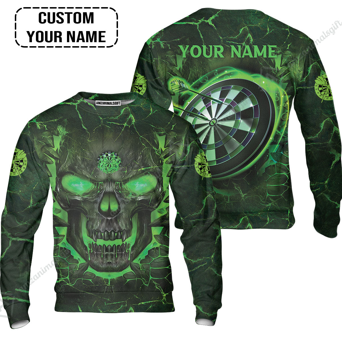 Customized Darts Sweatshirt, Flame Green Skull Dartboard Personalized Skull And Darts Sweatshirt