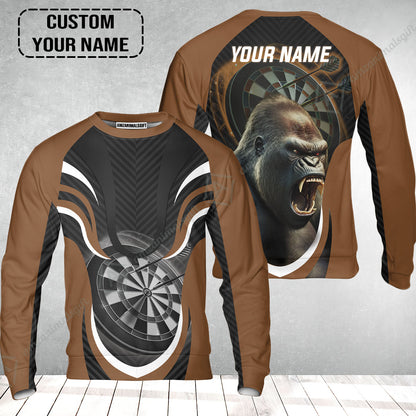 Gorilla And Darts Custom Name Sweatshirt, Bullseye Dartboard Brown Personalized Sweatshirt