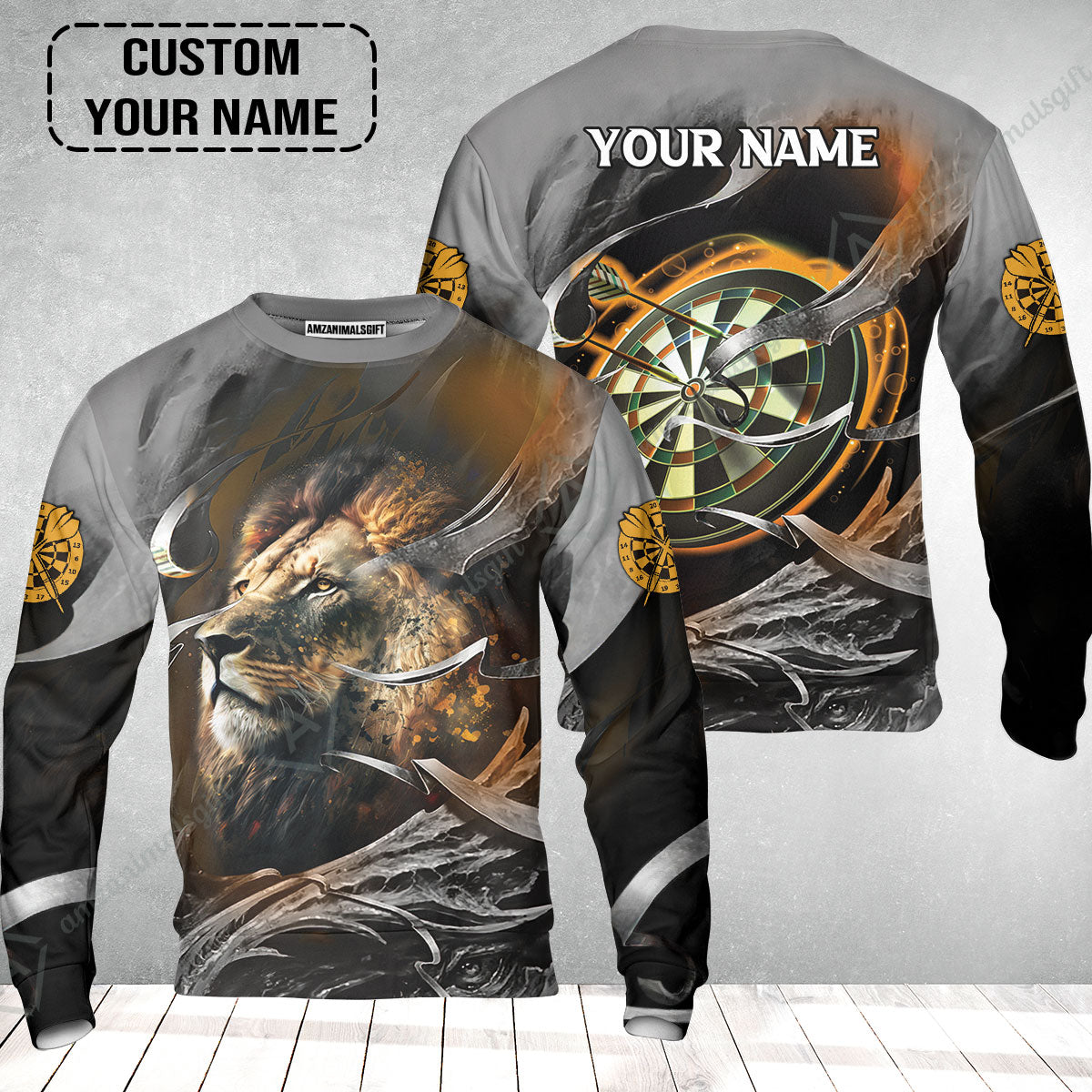 Customized Name Darts Sweatshirt, Bullseye Dartboard Personalized Lion And Darts Sweatshirt