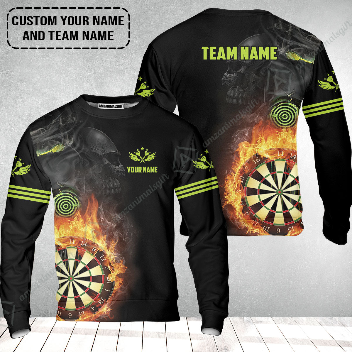Customized Name & Team Darts Sweatshirt, Skull Darts Flame Personalized Darts Sweatshirt