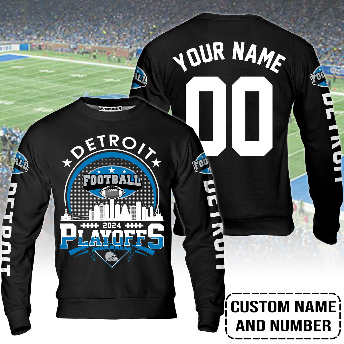 Detroit Football 2023-2024 Playoffs Skyline Custom Name Sweatshirt, Detroit Game Day Sweatshirt, Playoffs Shirts For Detroit Football Fans