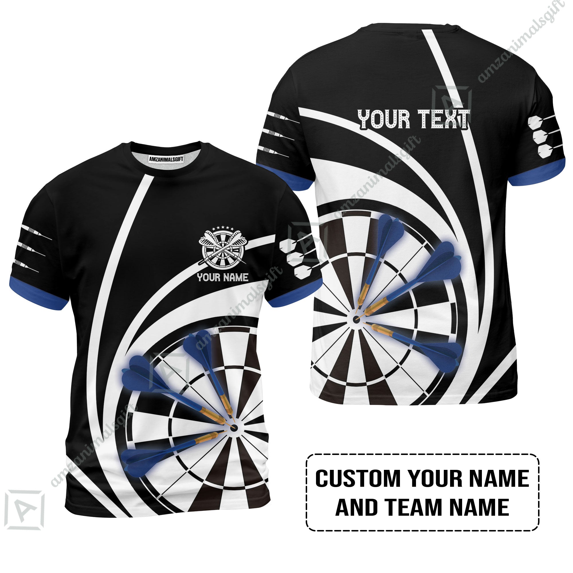 Customized Name & Text Darts T-Shirt, Personalized Name Blue Dark Darts Team T-Shirt