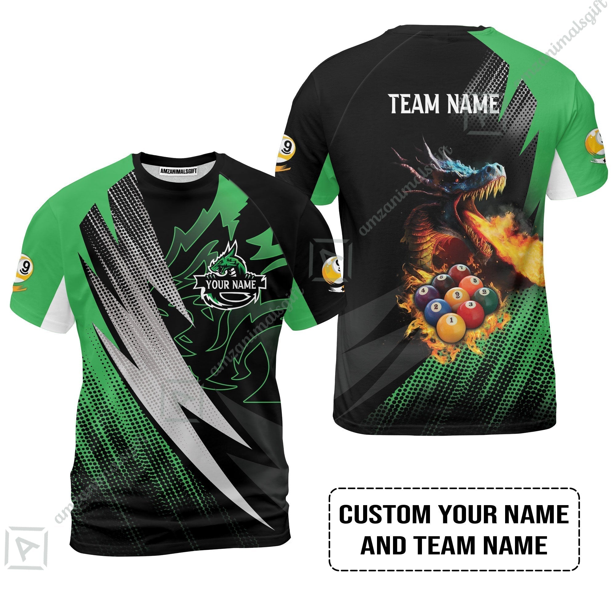 Custom Billiards T-Shirt, Custom Name And Team Name Billiards Pool 9 Ball Dragon Green Pattern T-Shirt