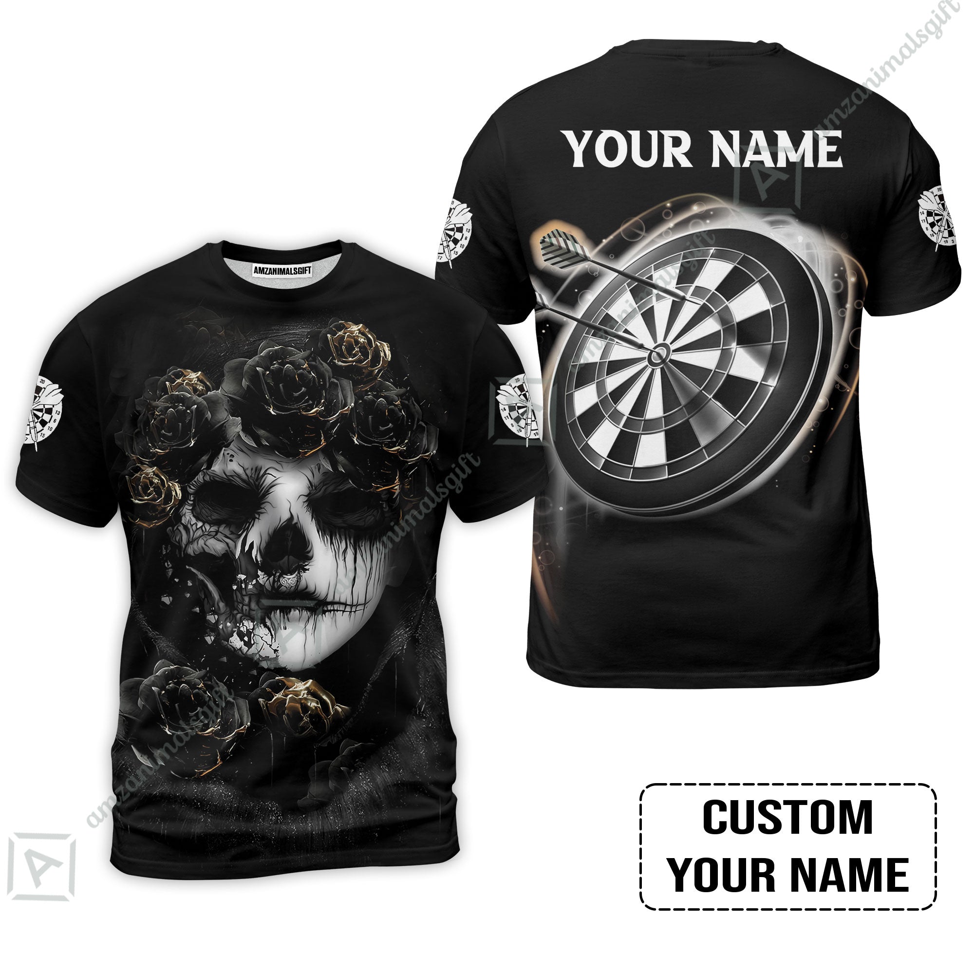 Customized Name Darts T-Shirt, Flower Skull Girl And Dartboard Personalized T-Shirt