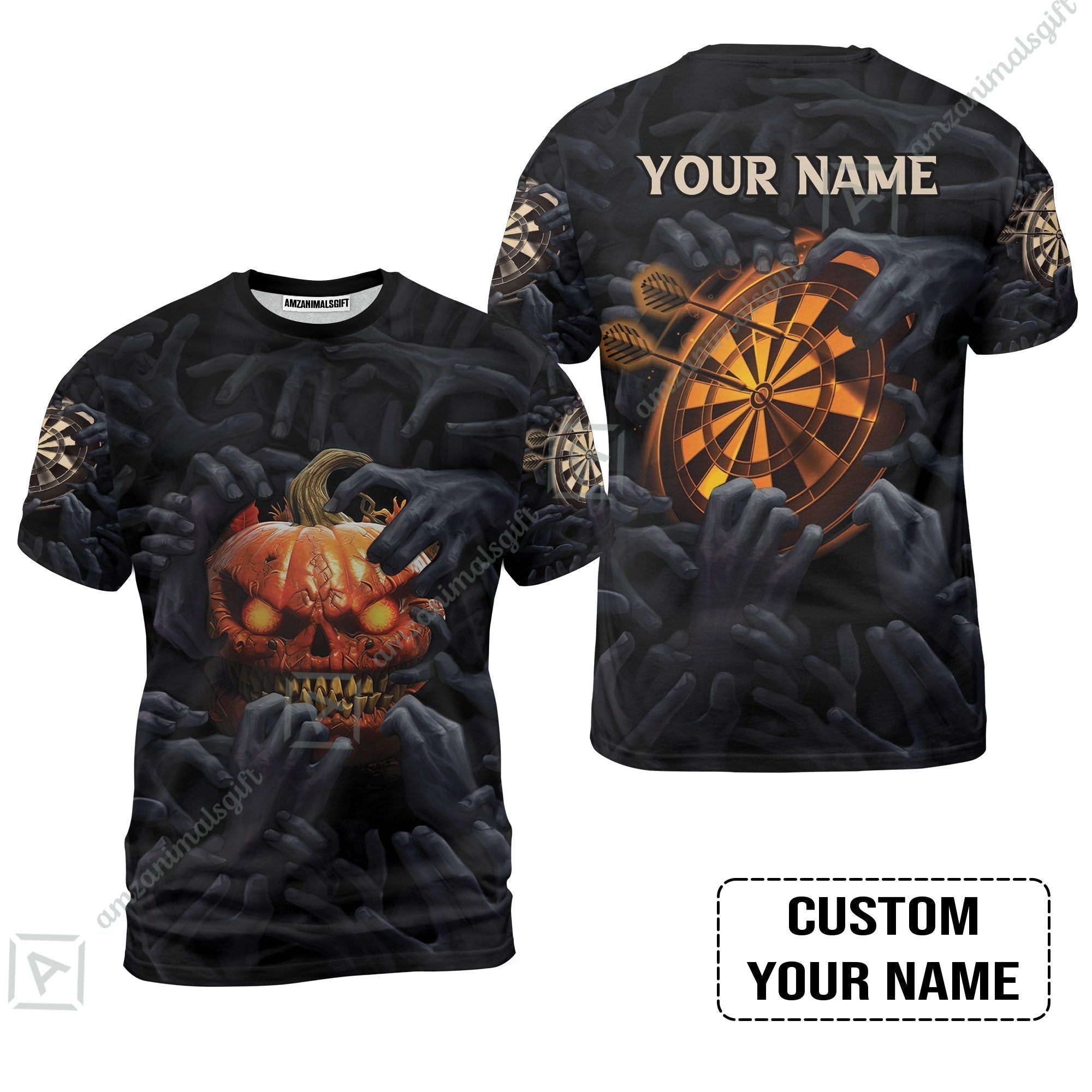 Customized Name Darts T-Shirt, Bullseye Dartboard Personalized Pumpkin And Darts T-Shirt