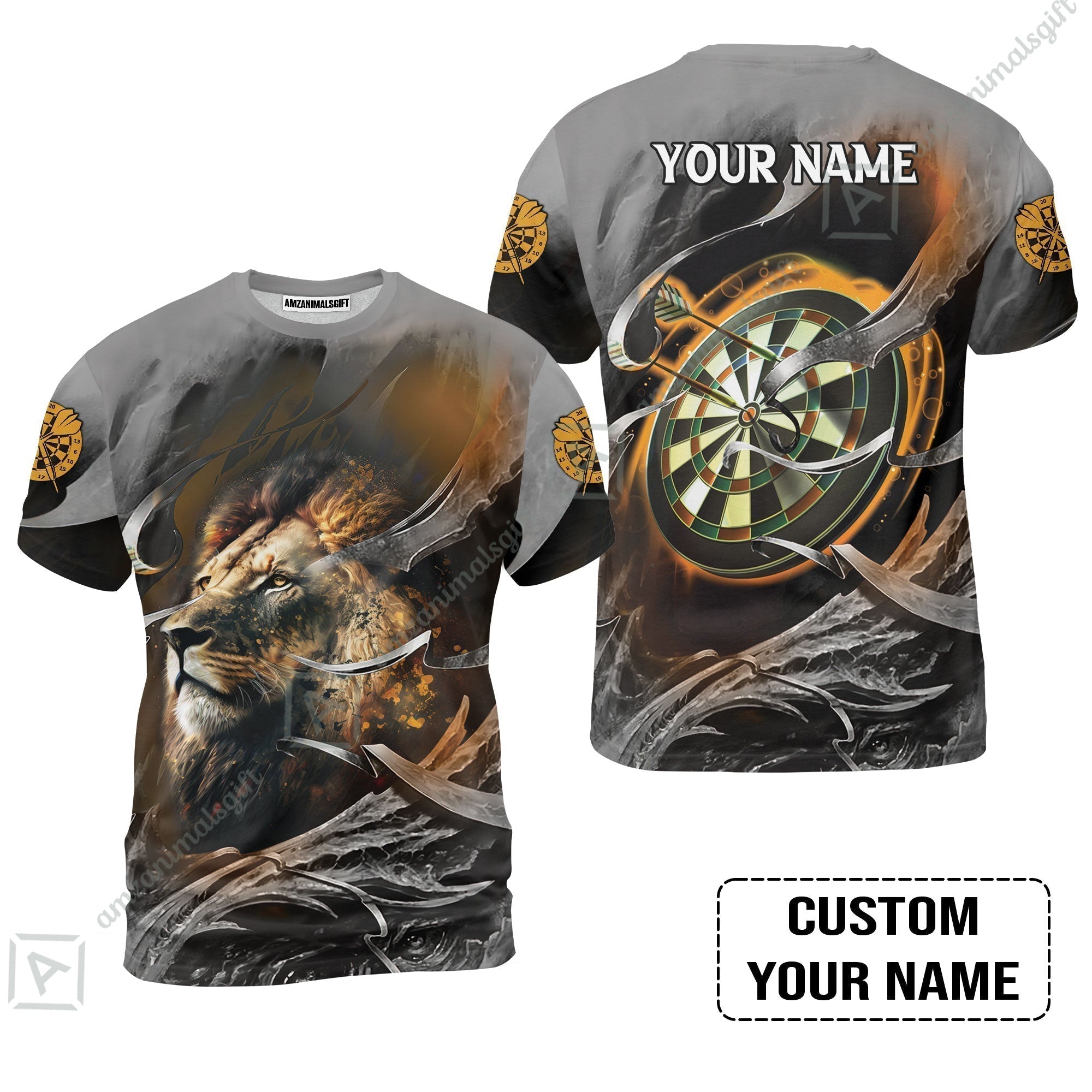 Customized Name Darts T-Shirt, Bullseye Dartboard Personalized Lion And Darts T-Shirt