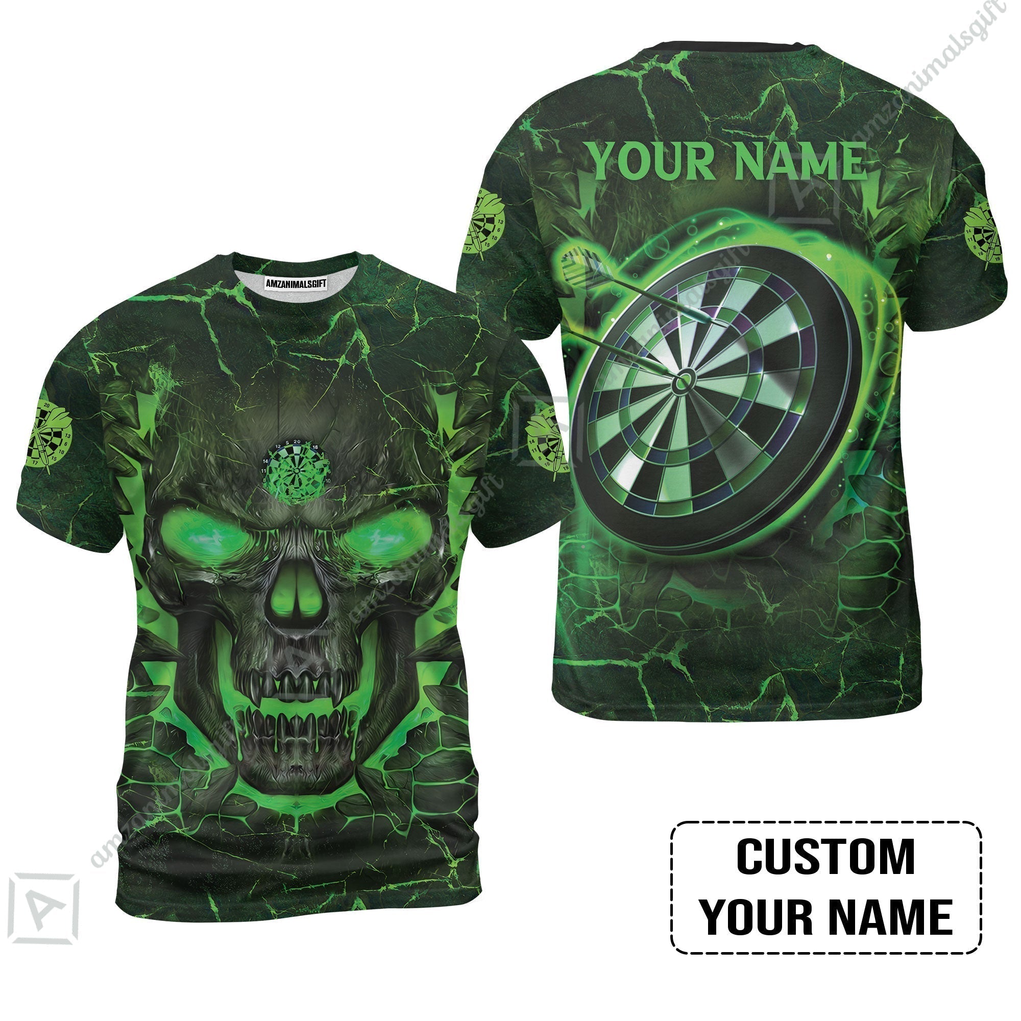 Customized Darts T-Shirt, Flame Green Skull Dartboard Personalized Skull And Darts T-Shirt