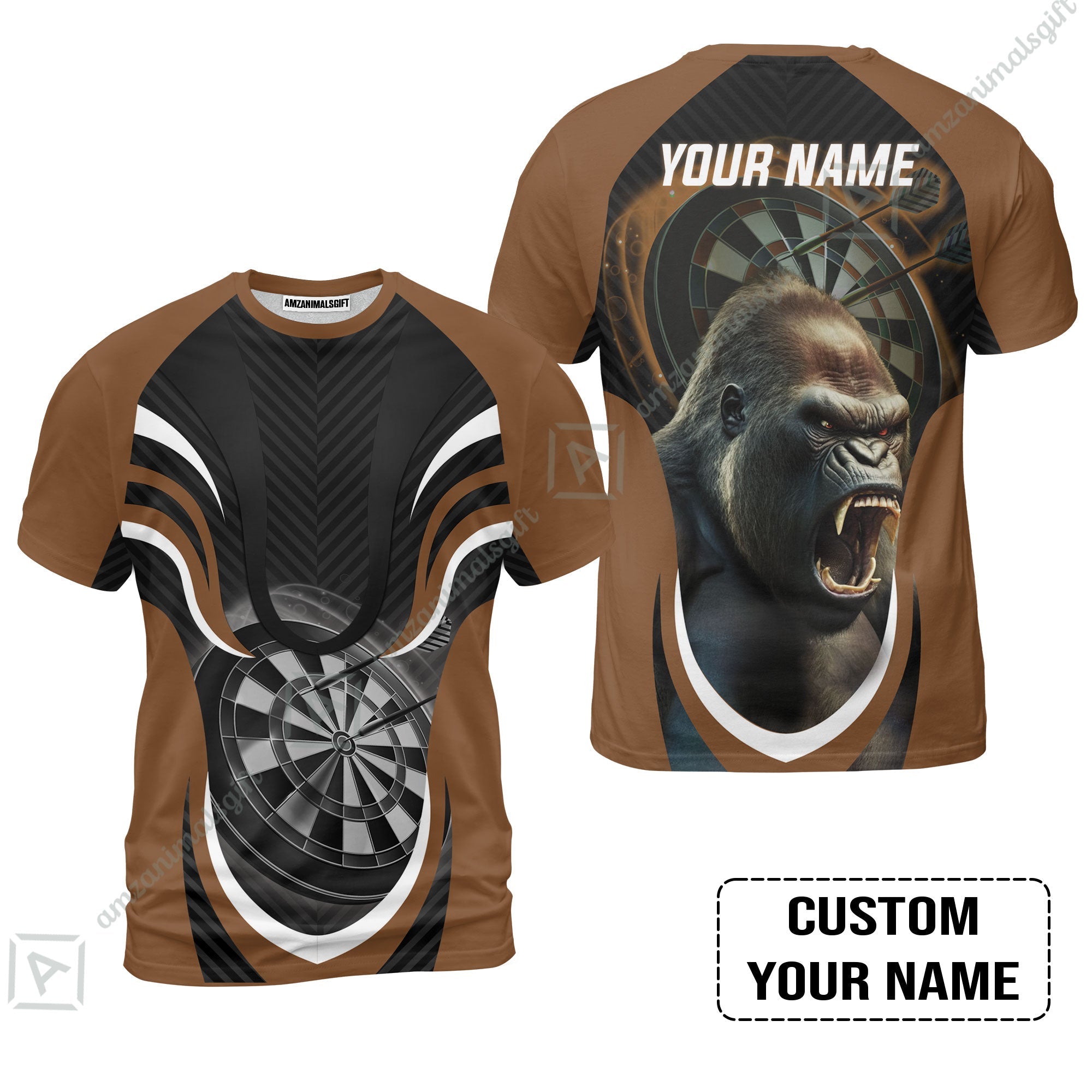 Gorilla And Darts Custom Name T-Shirt, Bullseye Dartboard Brown Personalized T-Shirt