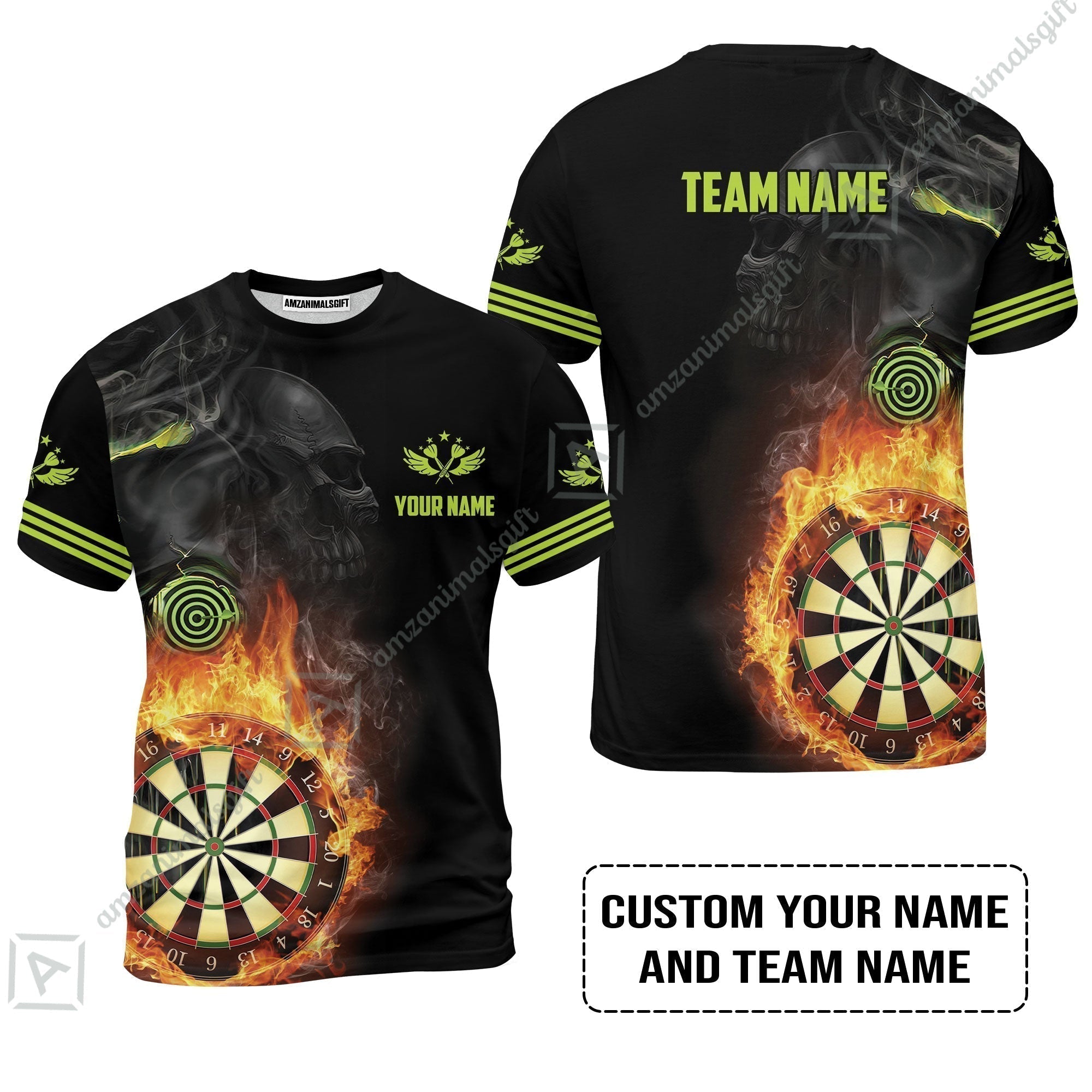 Customized Name & Team Darts T-Shirt, Skull Darts Flame Personalized Darts T-Shirt