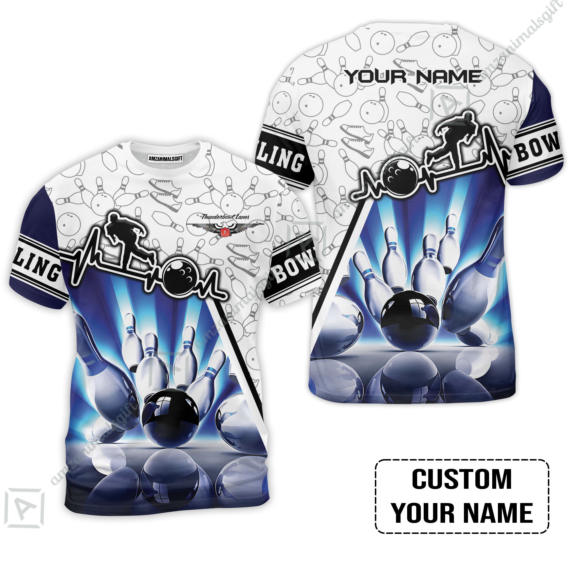 Customized Name Bowling T-Shirt, Personalized Unique Design Blue Heartbeat Bowling T-Shirt