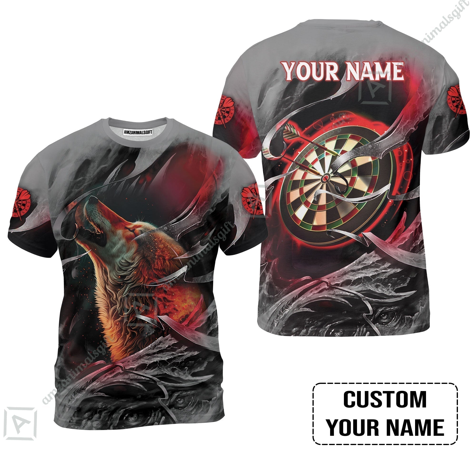 Customized Name Darts T-Shirt, Bullseye Dartboard Personalized Flame Wolf And Darts T-Shirt