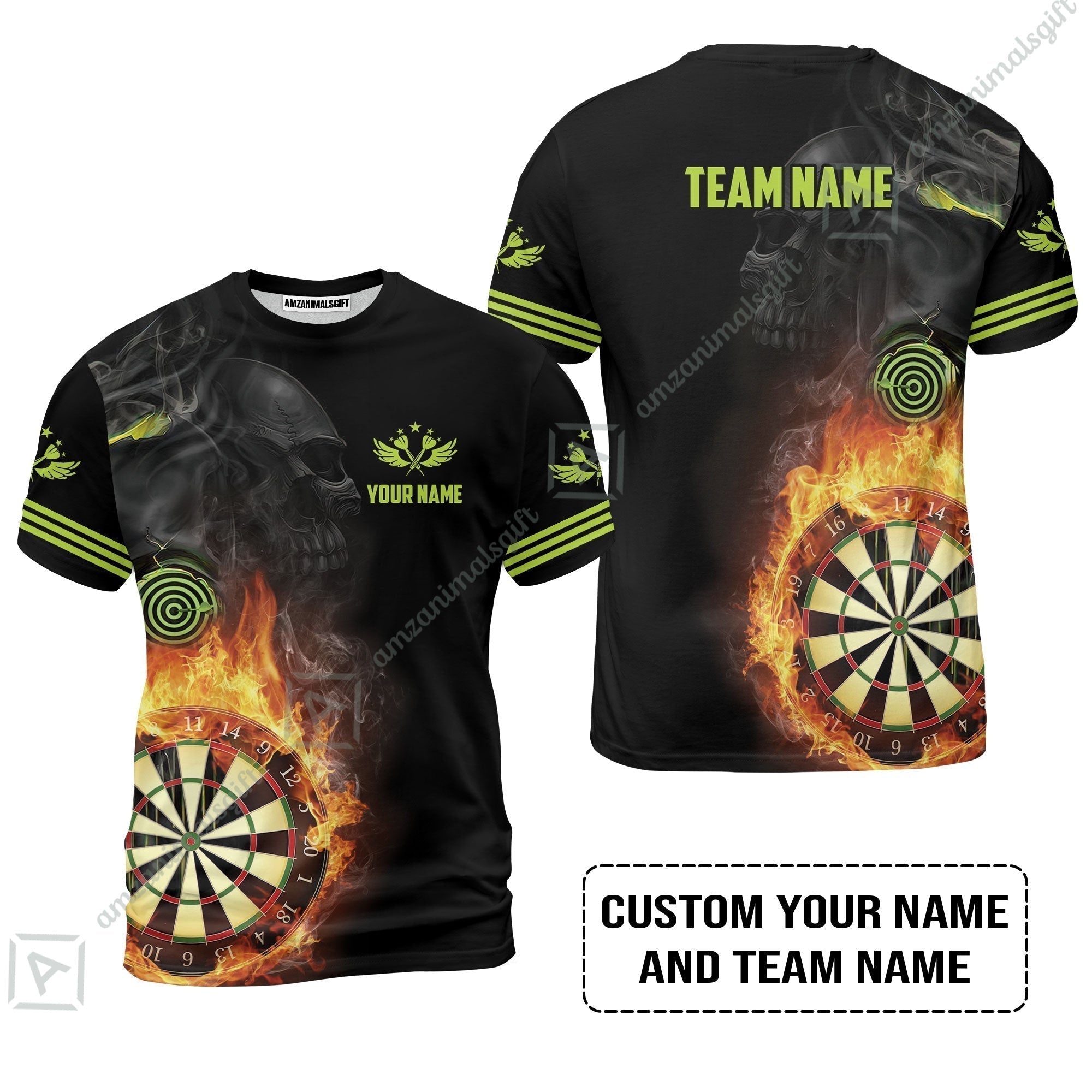 Customized Name & Team Darts T-Shirt, Skull Darts Flame Personalized Darts T-Shirt