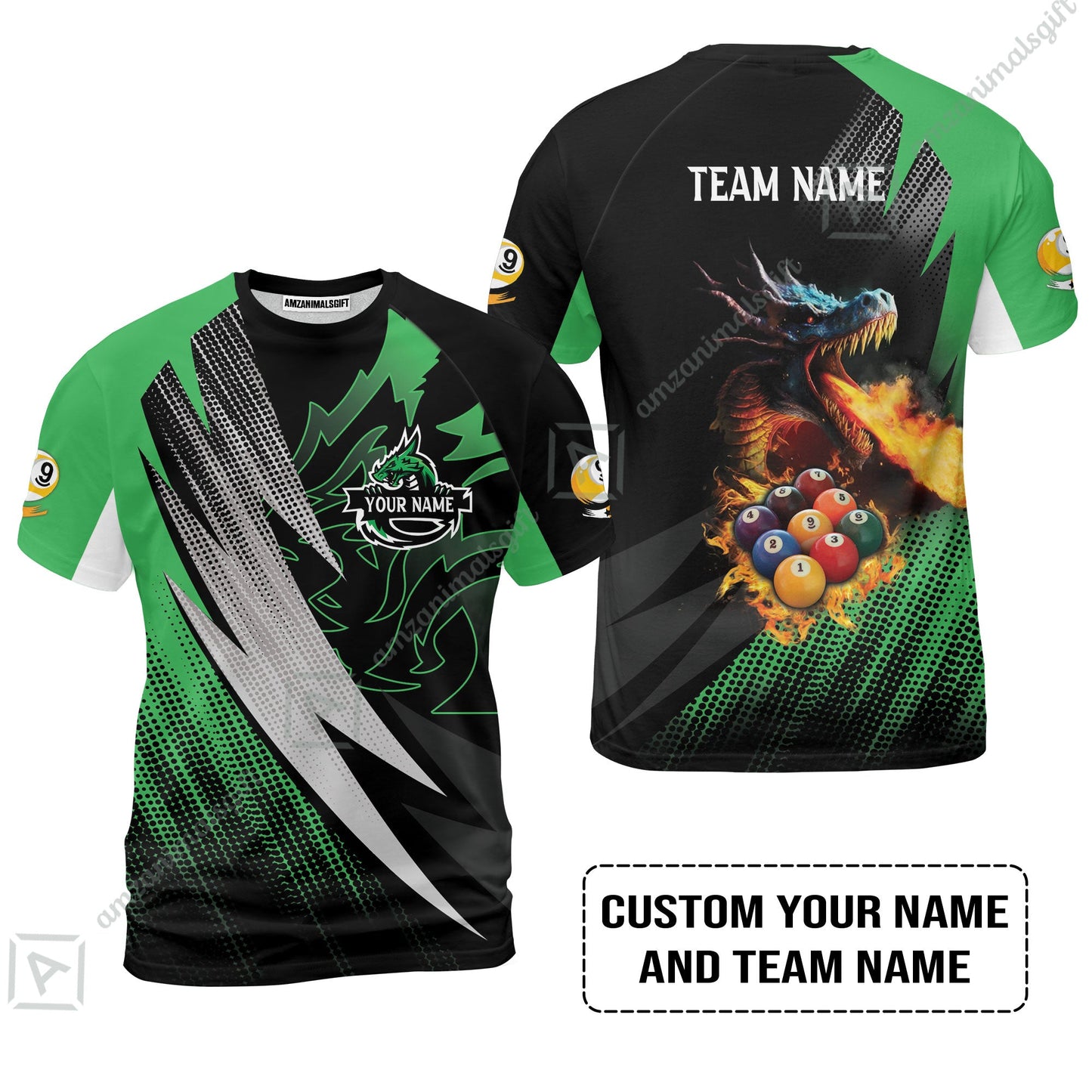 Custom Billiards Long Polo Shirt, Custom Name And Team Name Billiards Pool 9 Ball Dragon Green Pattern Long Polo Shirt