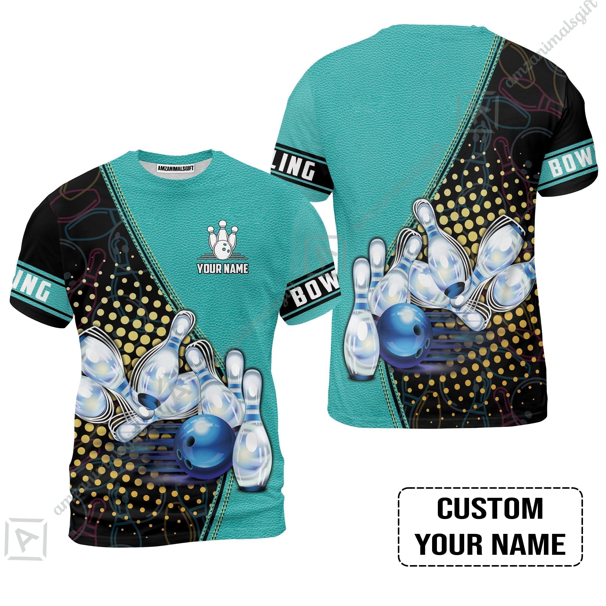 Custom Bowling T-Shirt - Black And Blue Bowling Ball Pattern Personalized Name T-Shirt
