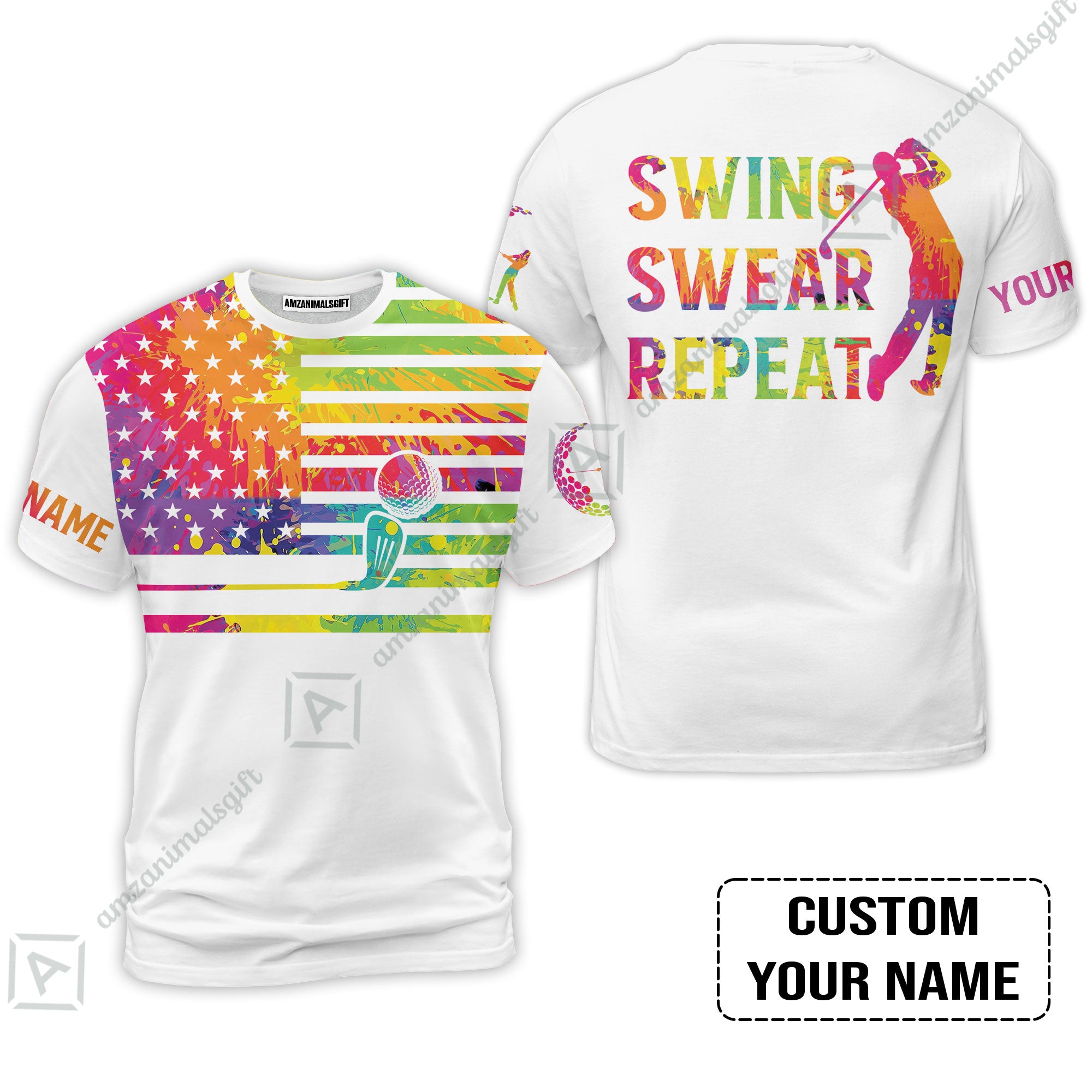 Golf T-Shirt - Funny Watercolor American Flag Custom Name White Apparel - Swing Swear Repeat Golf T-Shirt