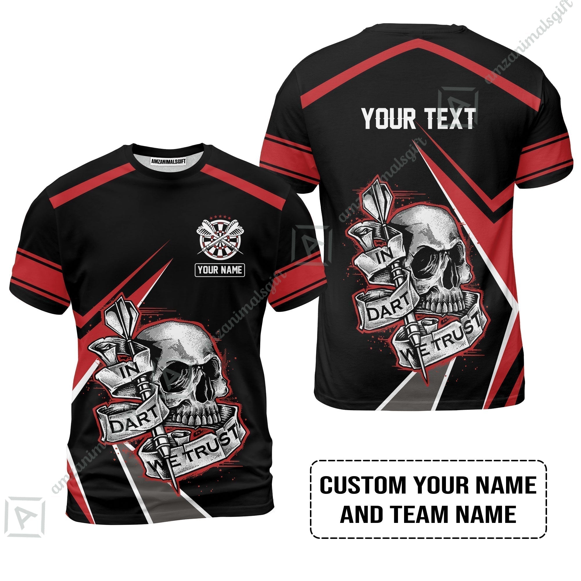 Customized Name & Text Darts T-Shirt, Skull In Darts We Trust Personalized Darts T-Shirt