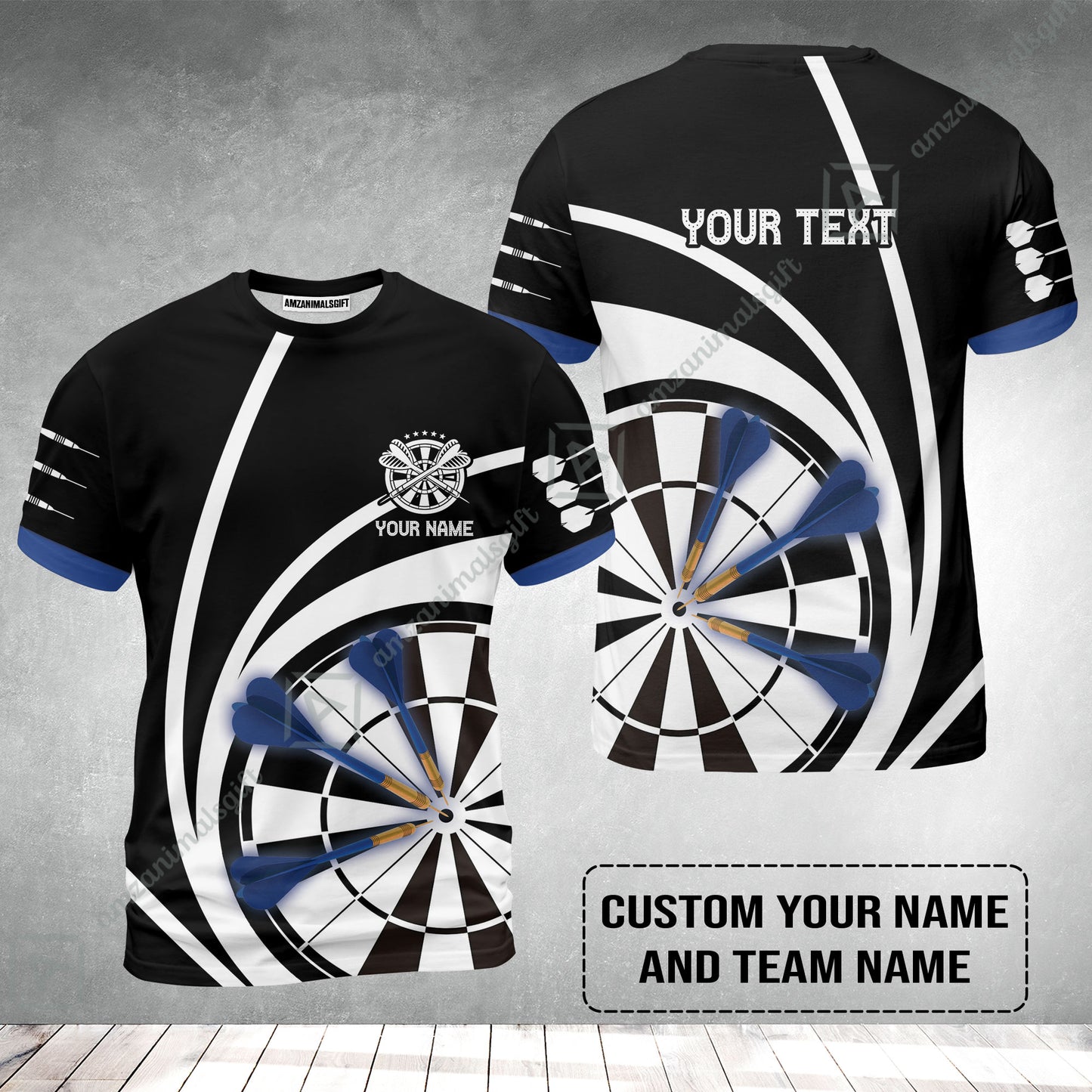 Customized Name & Text Darts T-Shirt, Personalized Name Blue Dark Darts Team T-Shirt
