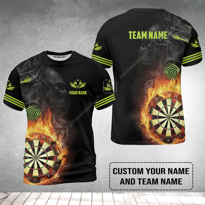 Customized Name & Team Darts T-Shirt, Skull Darts Flame Personalized Darts T-Shirt