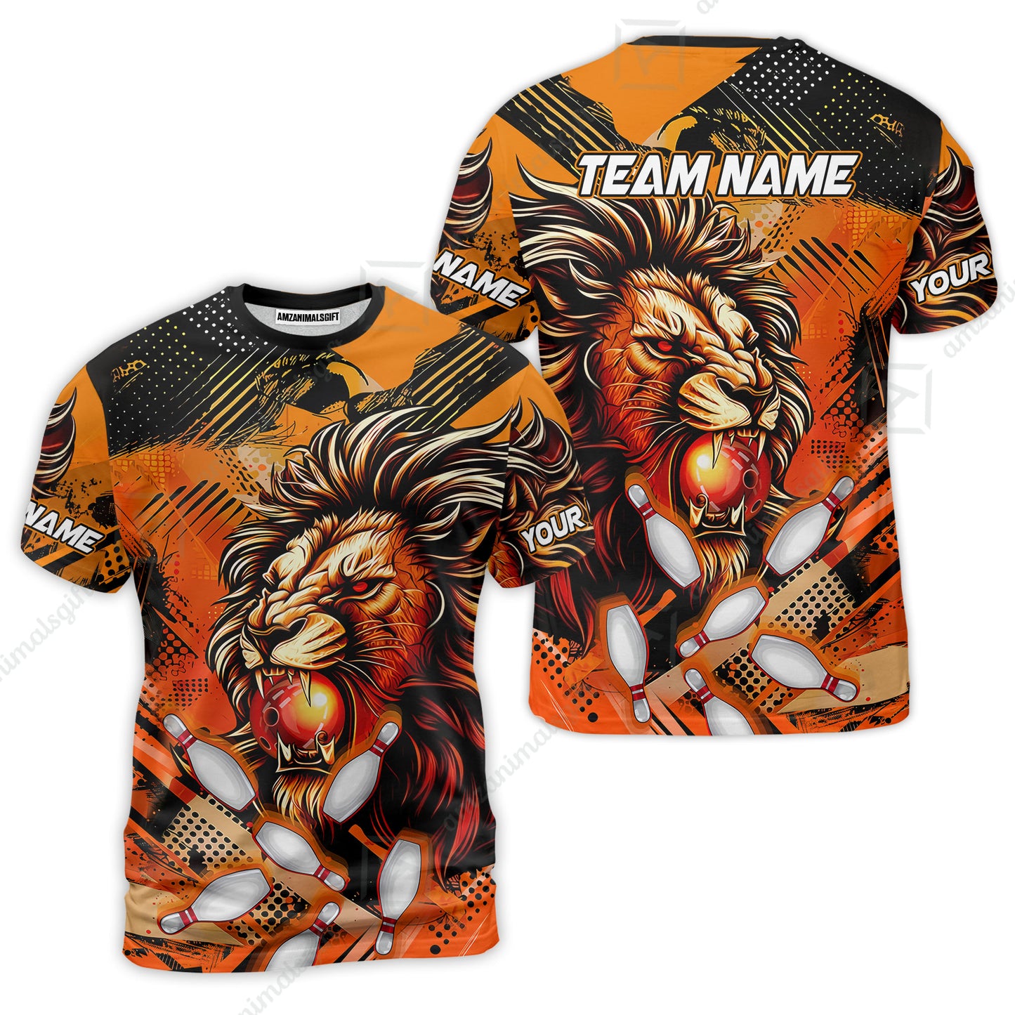Custom Bowling Team Jerseys Shirts, Bowling uniforms Ball & Pins Lion Pattern Personalized Name And Team Name